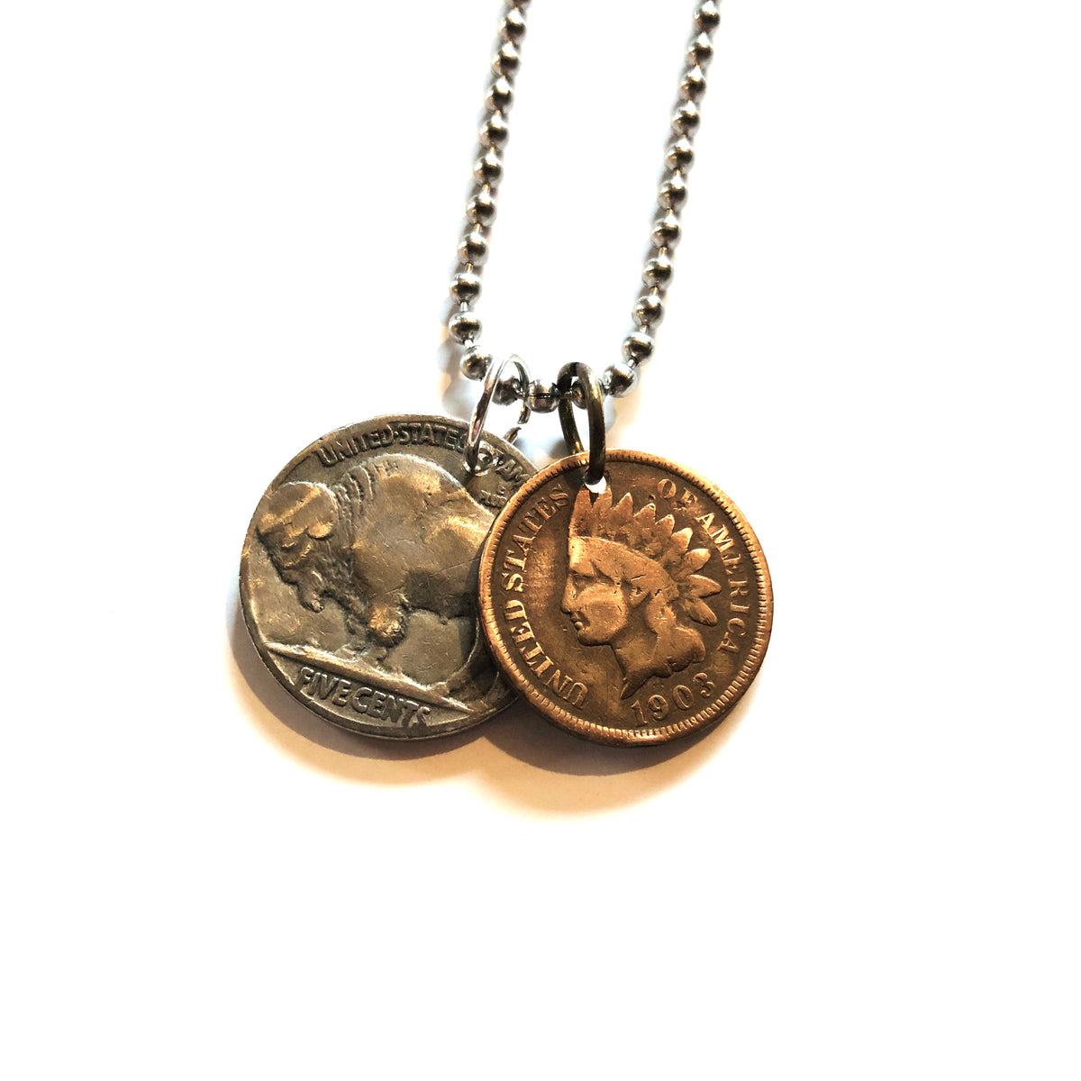 A TSY Buffalo Nickel & Indian Head Wheat Penny Vintage Coin Pendant Necklace, Jewelry, FINAL SALE!