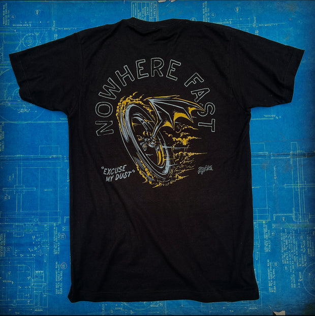 A "DHAAS NOWHERE FAST WINGED WHEEL" TSY T-SHIRT BLACK TEE, GOLD + GREY