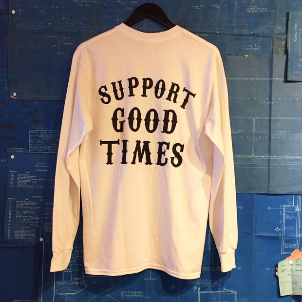 A "THE SELVEDGE YARD x SUPPORT GOOD TIMES" TSY SHOP TEE T-SHIRT, WHITE LONG SLEEVE