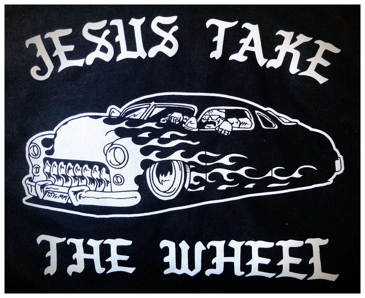 A "JESUS TAKE THE WHEEL" TSY x MUCHOMOTO T-SHIRT, BLACK
