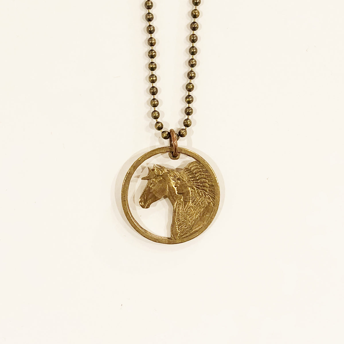 A TSY Hand-Cut Native American Indian + Horse Bronze Vintage Coin Pendant Necklaces, Jewelry, FINAL SALE!
